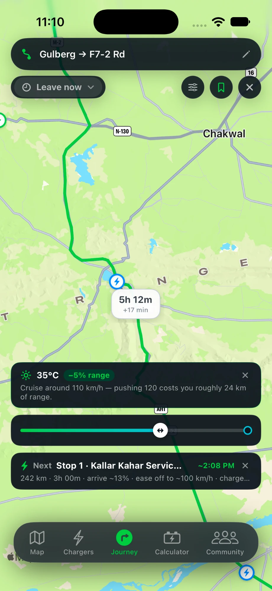 Scrub along your EV route to see weather, elevation and range advice in ChargePK
