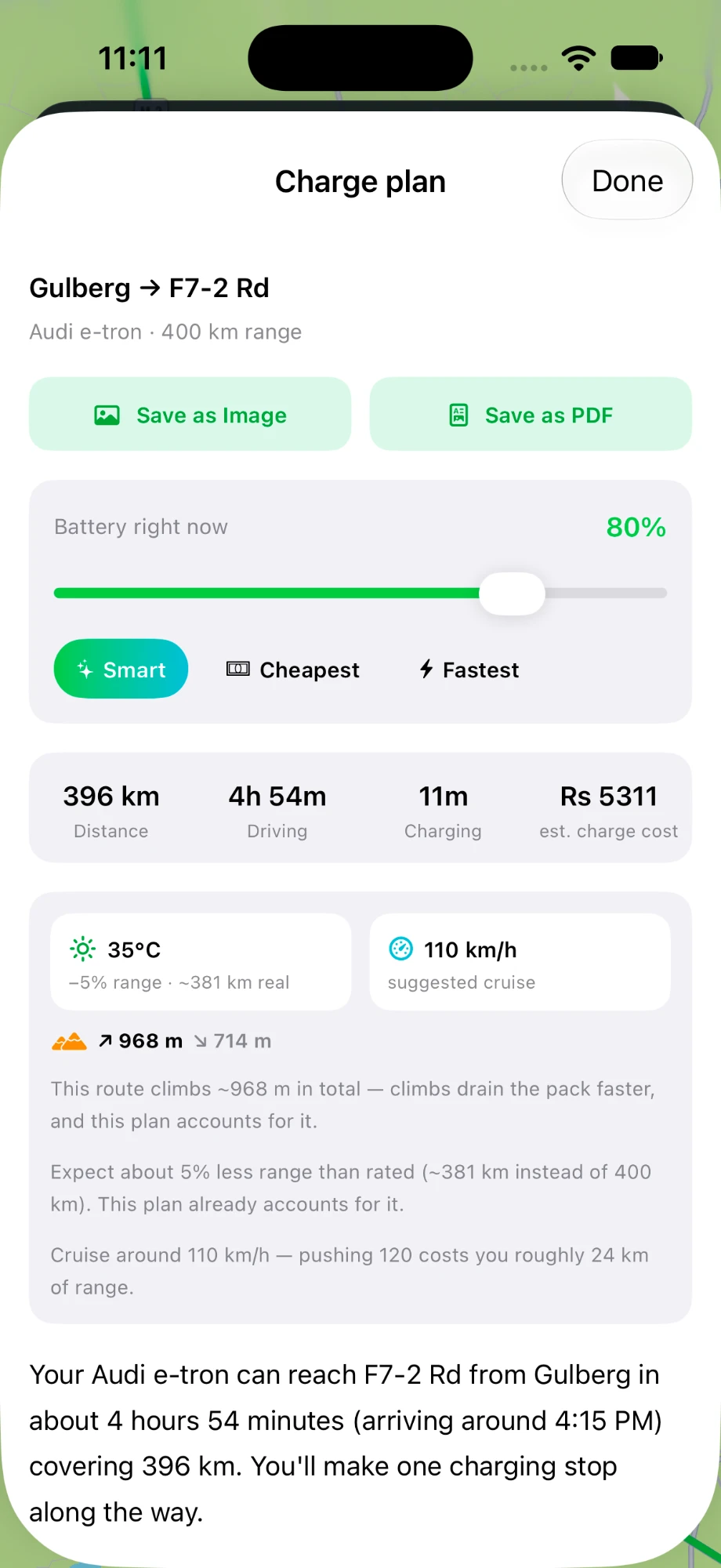 ChargePK charging plan showing battery, cost in rupees and charging time for an EV trip