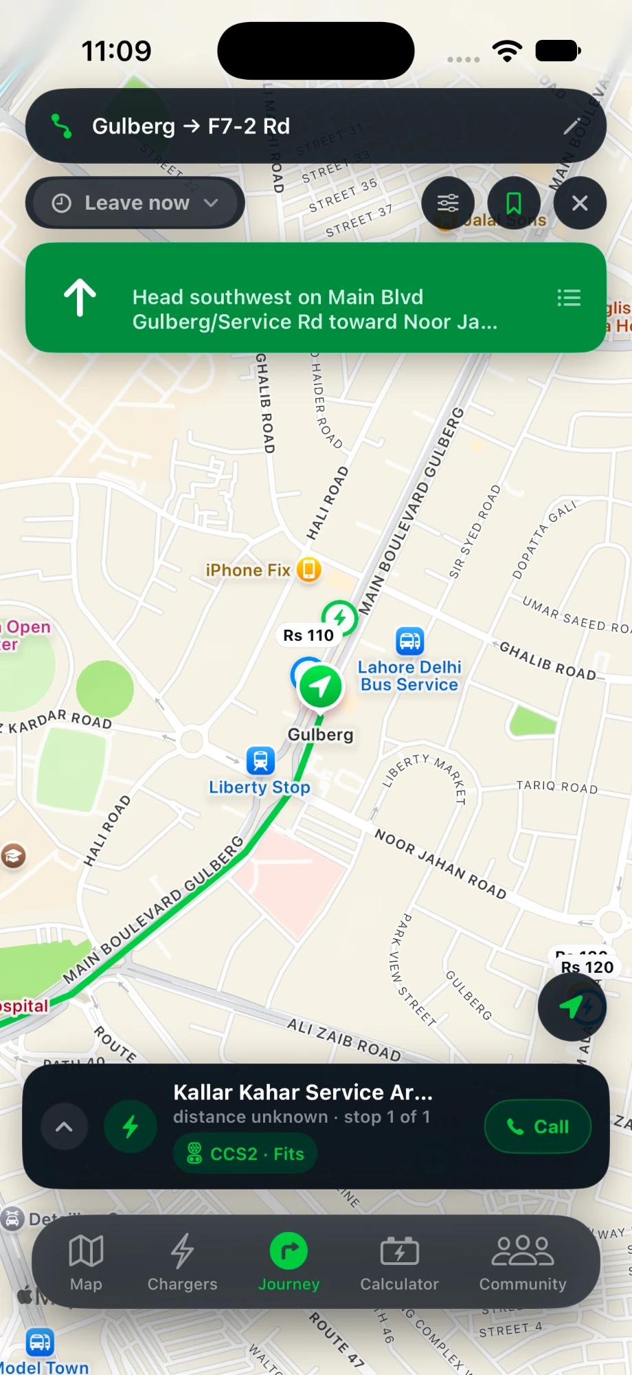Turn-by-turn navigation for an EV trip in the ChargePK app