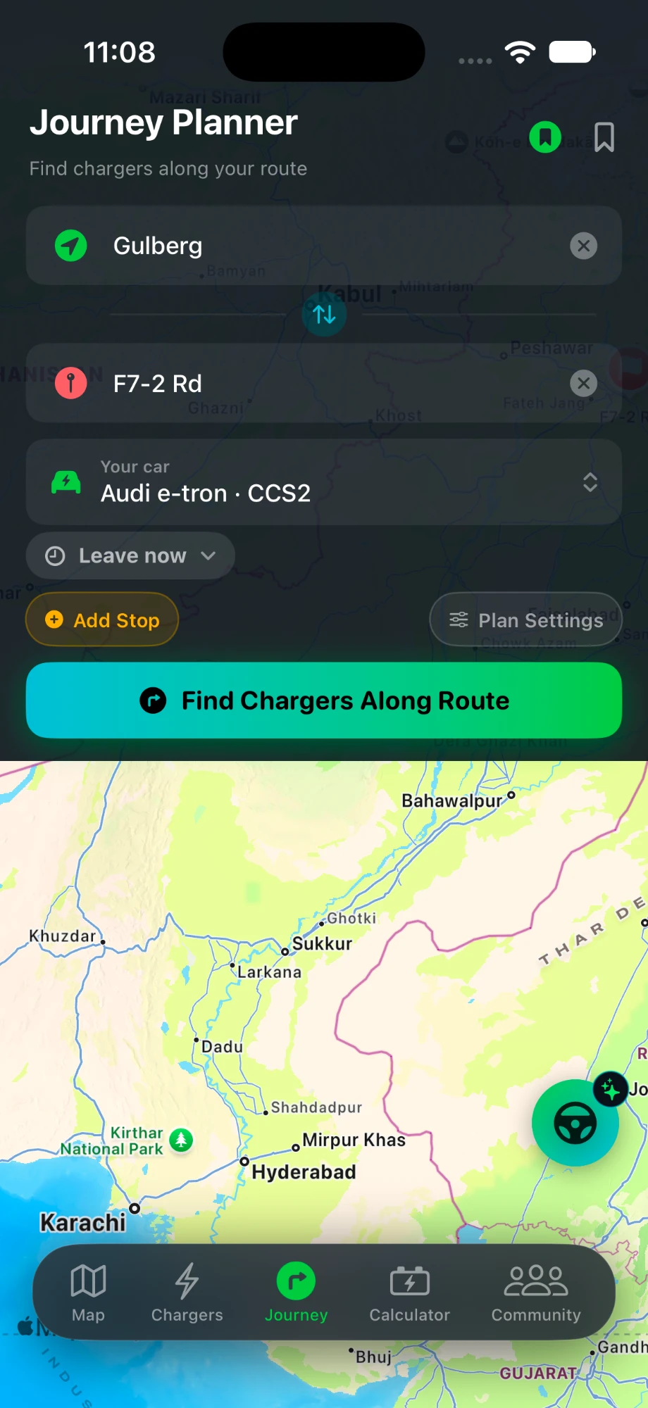 Enter your EV trip destination and pick your car in the ChargePK Journey Planner
