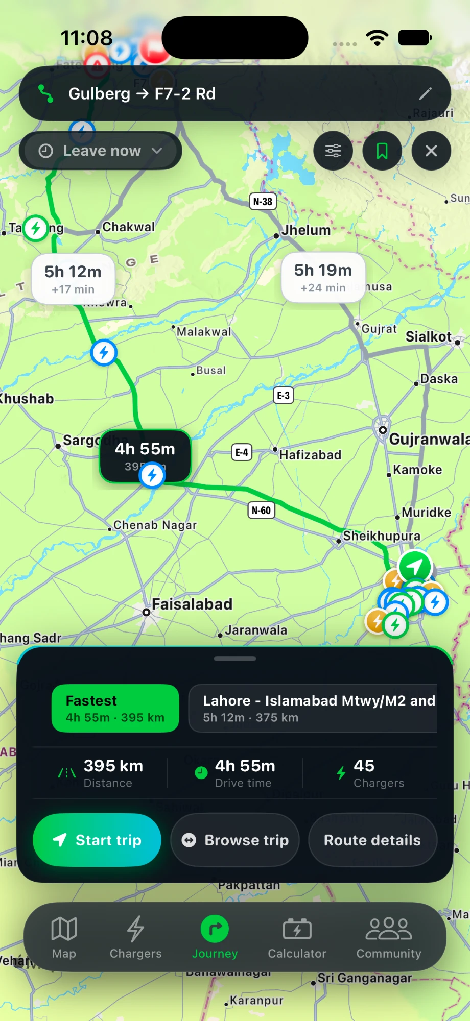 ChargePK finds chargers along your EV route and shows the best path