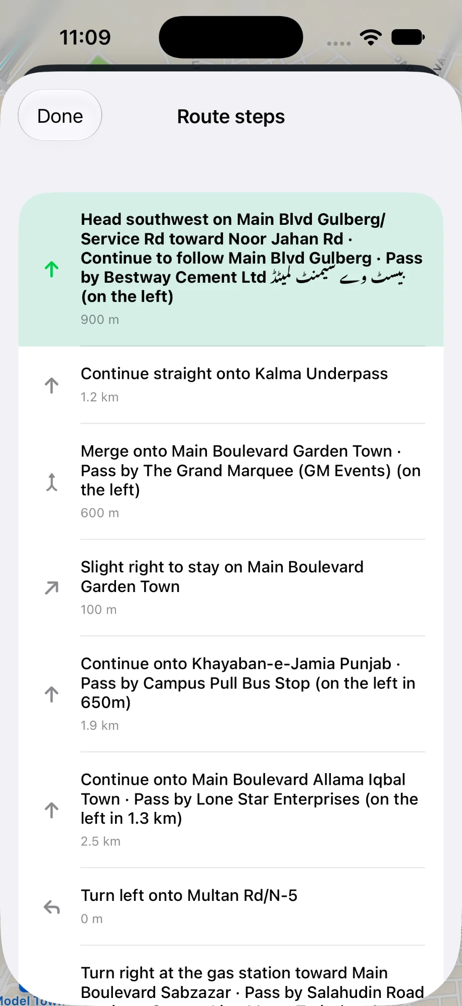 Turn-by-turn route steps with English and Urdu landmarks in ChargePK