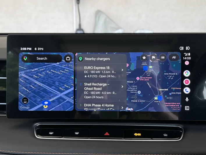 ChargePK on Android Auto showing nearby chargers with DC power and ratings beside Google Maps