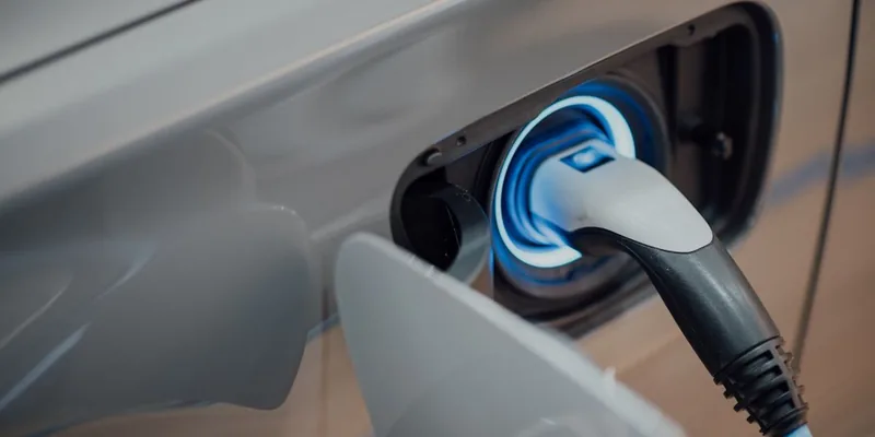 Close-up of an EV charging connector plugged into a car
