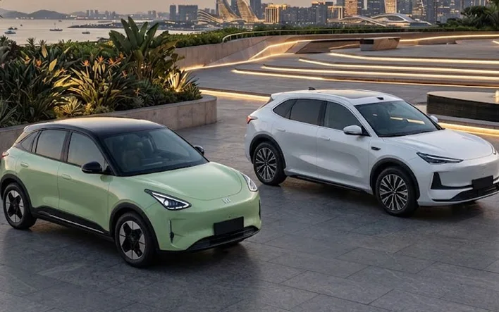 A green Geely EX2 hatchback and a white Geely EX5 SUV parked together at dusk