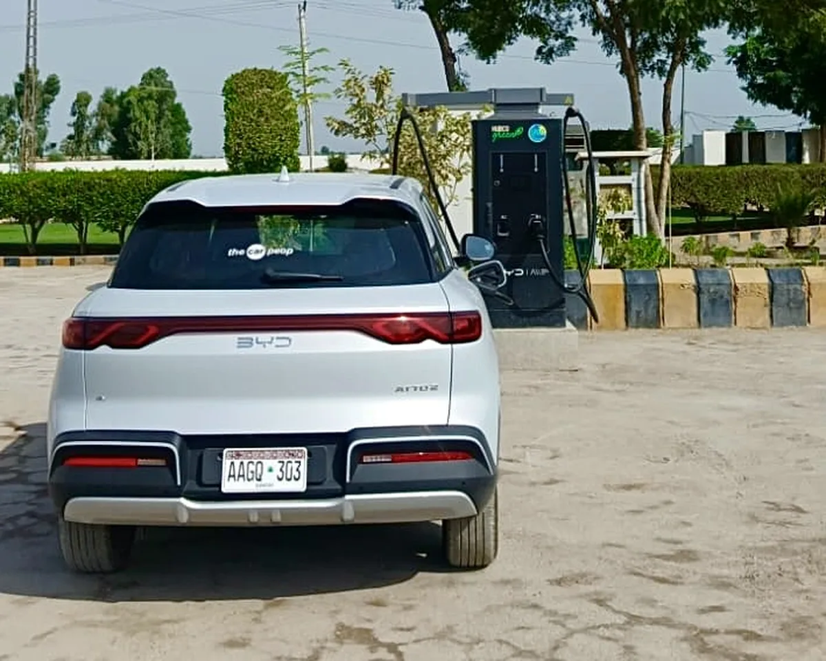 Sohail's BYD Atto 2 charging at the New Ali Trucking PSO stop in Moro