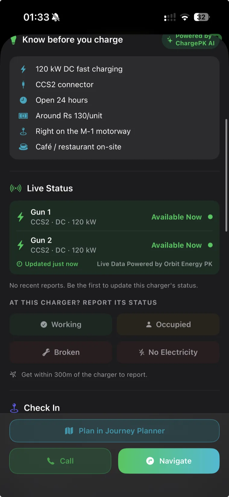 ChargePK app showing live gun availability for a charger, both guns Available Now, live data powered by Orbit Energy PK