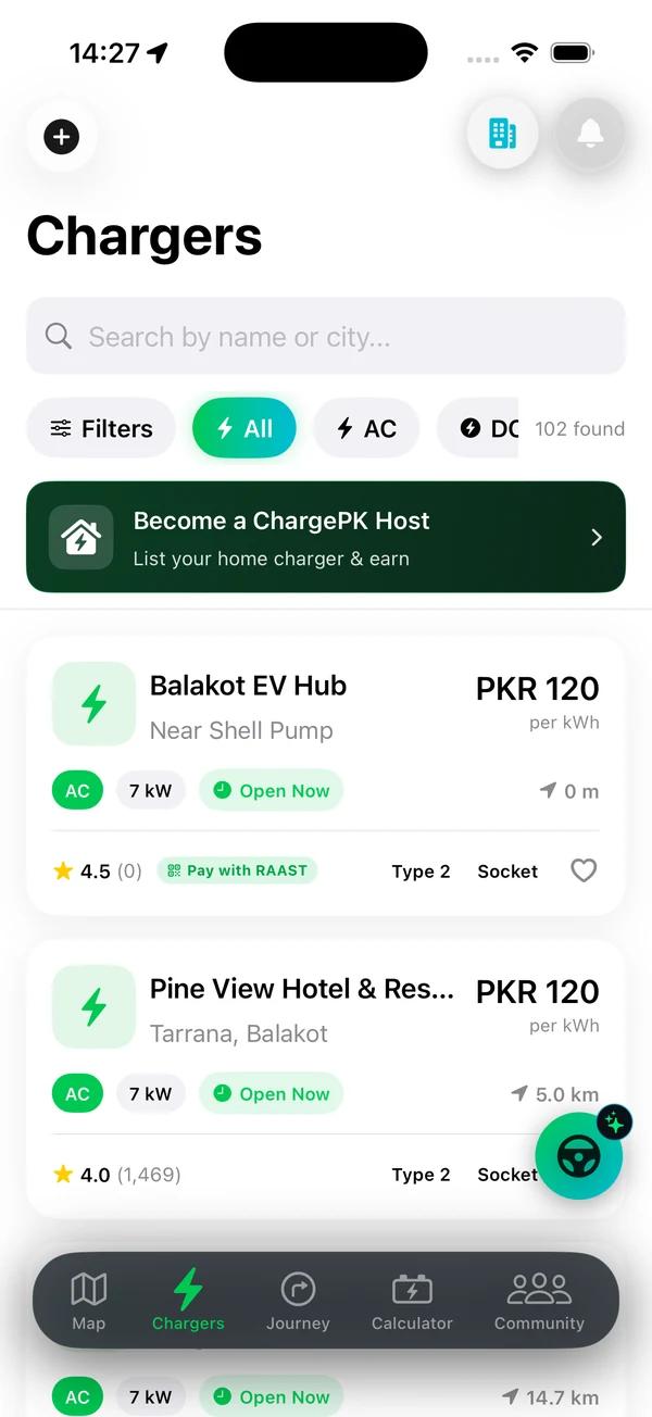 ChargePK app Chargers tab with the Become a ChargePK Host banner