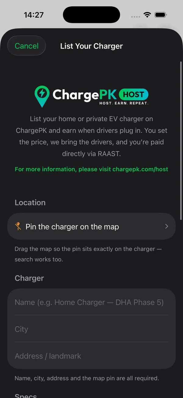 ChargePK app List Your Charger form