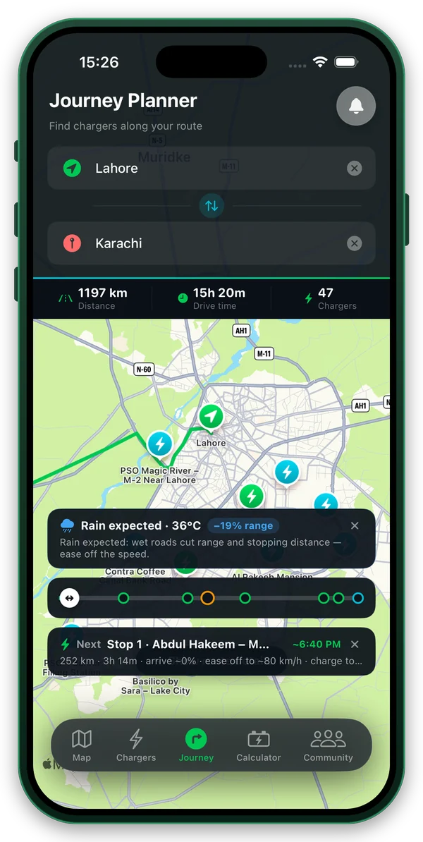 ChargePK app — Route options
