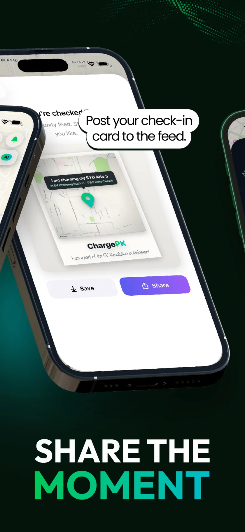 ChargePK — share the moment: post your check-in card to the community feed