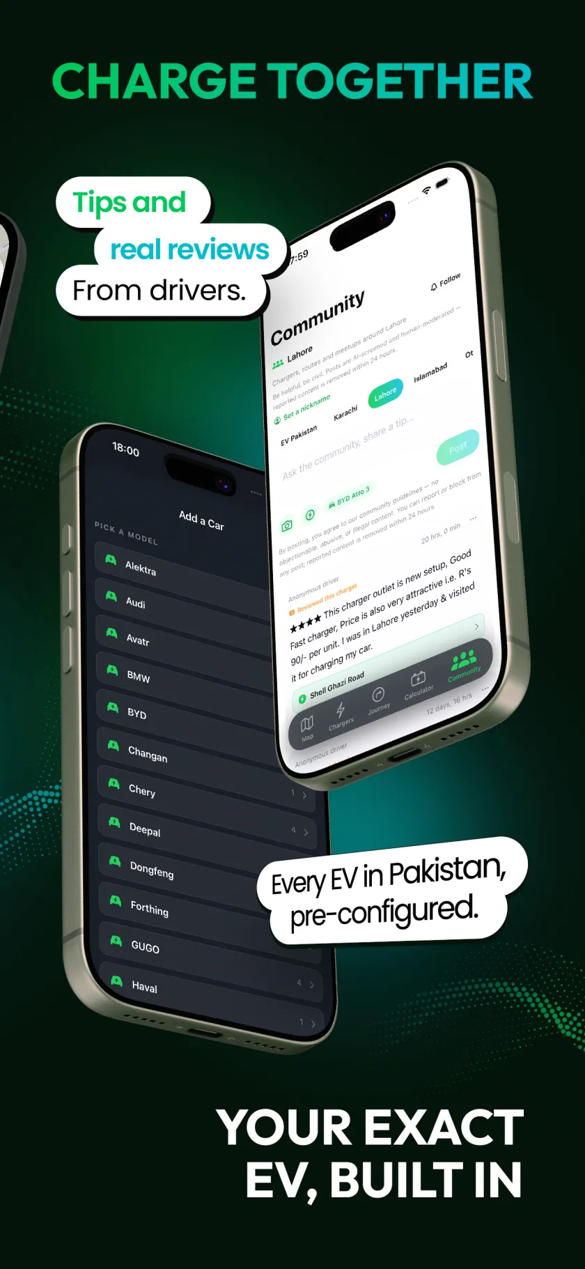 ChargePK — charge together: tips and real reviews, with your exact EV built in