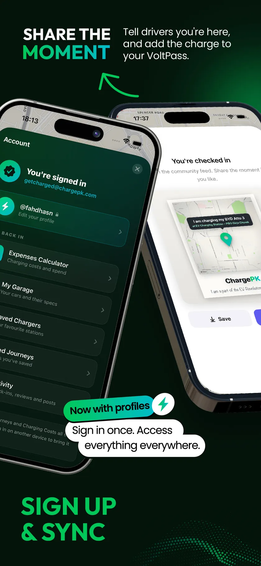 ChargePK — Share the moment and sign up to sync your garage, journeys and charging costs