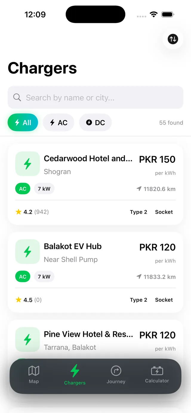 ChargePK app charger list with search and filters