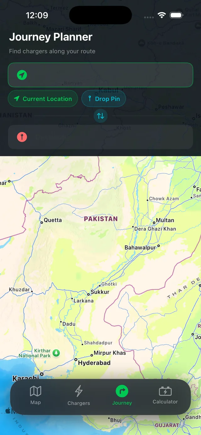ChargePK app journey planner mapping chargers along a route