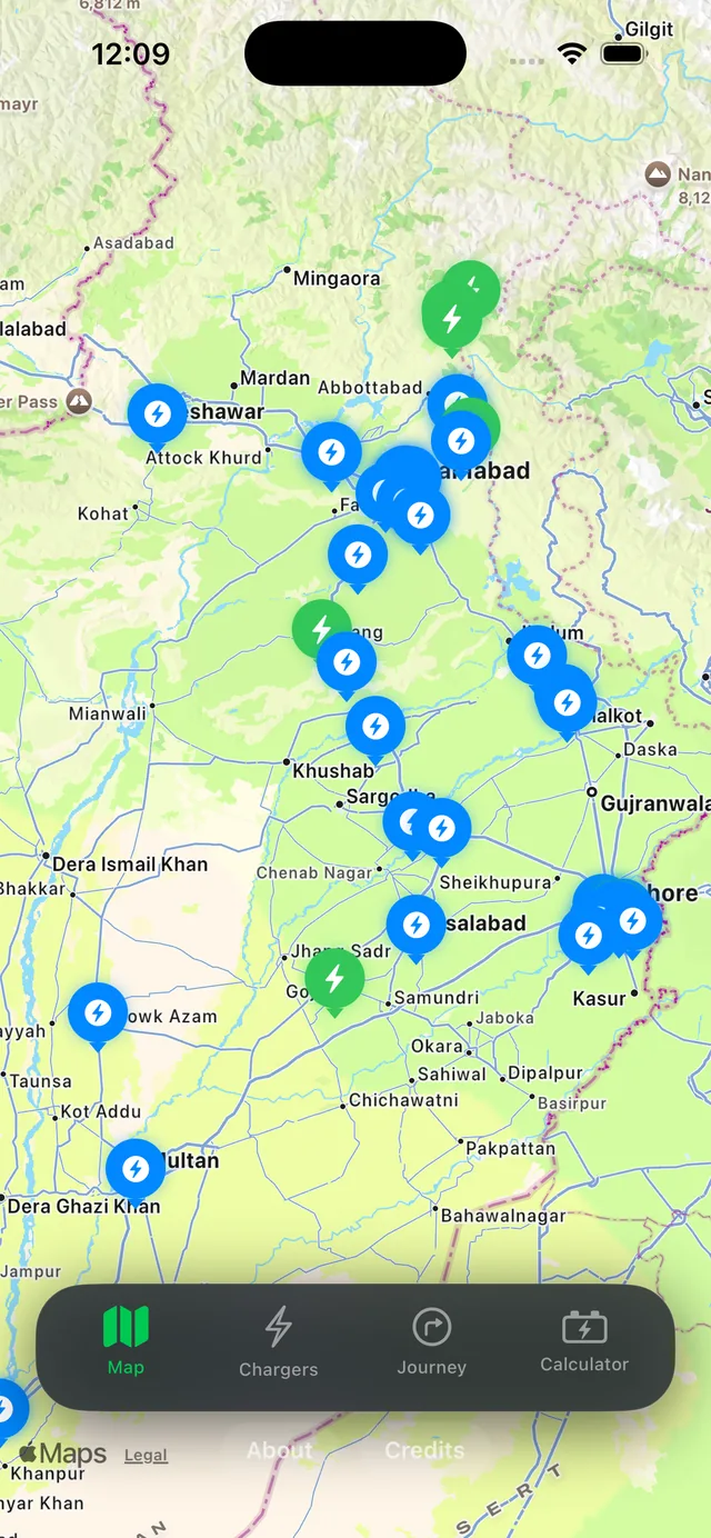 ChargePK app map view showing EV chargers across Pakistan